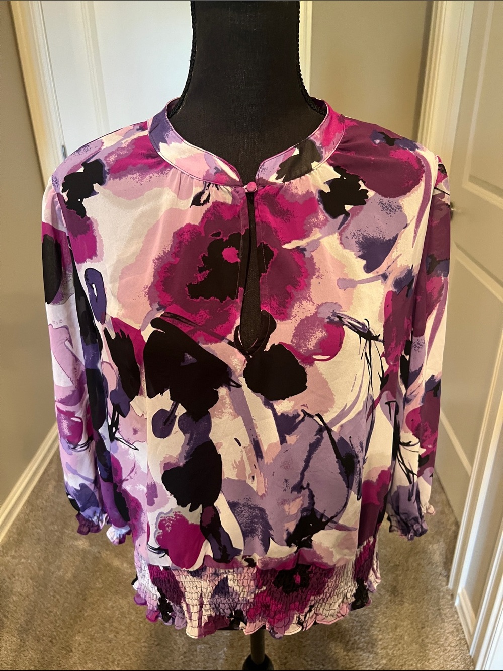 a.n.a Purple, Black and White Floral Print Keyhole Blouse